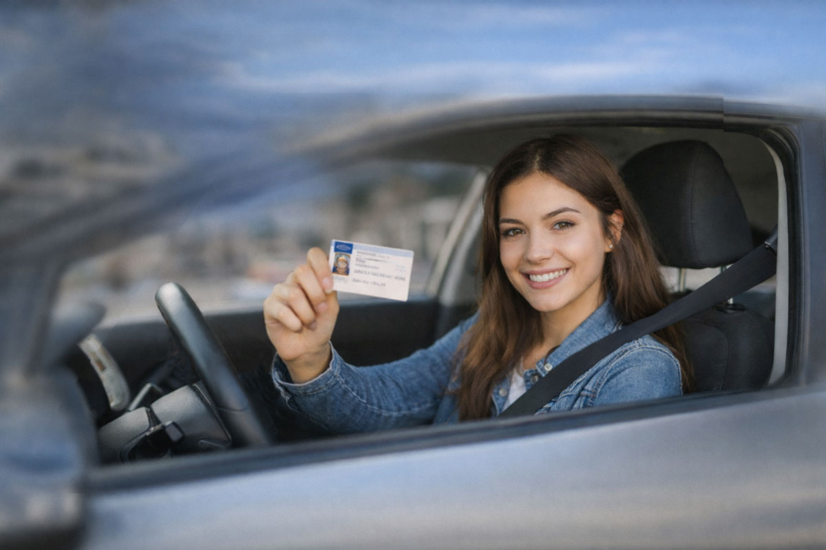 Joven mostrando su carnet de conducir en Madrid tras aprobar el examen práctico