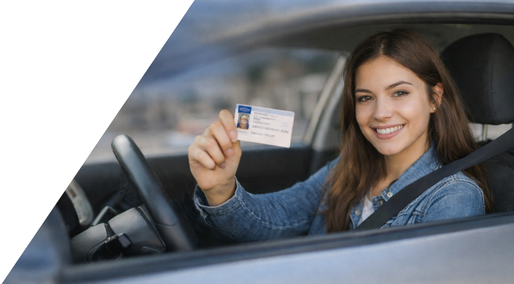 Joven mostrando su carnet de conducir en Madrid tras aprobar el examen práctico